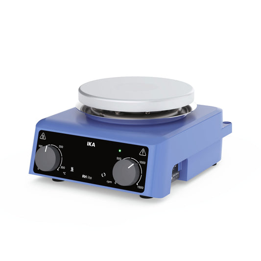 IKA RH Lite hotplate stirrer with a blue plastic base, a silver metallic heating plate, and a black control panel with two gray rotary knobs.