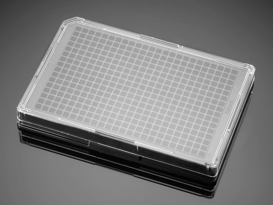 FalconĀ® 384 Well Optilux Black/Clear Flat Bottom, TC-Treated Microtest Microplate, with Lid, Sterile, 5/Pack, 50/Case