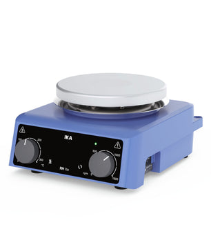 IKA RH Lite hotplate stirrer with a blue plastic base, a silver metallic heating plate, and a black control panel with two gray rotary knobs.