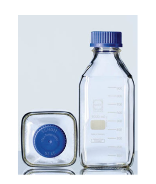 Glass square bottle, cap & pouring ring, Duran