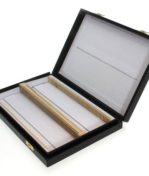 Microscope slide box, black paper covered wood, imitation leather finish & hinged lid