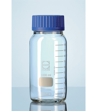Glass reagent bottle, cap & pouring ring, Duran