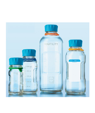 YOUTILITY bottle, amber, graduated, GL 45, with cyan screw-cap, pouring ring (PP), Duran